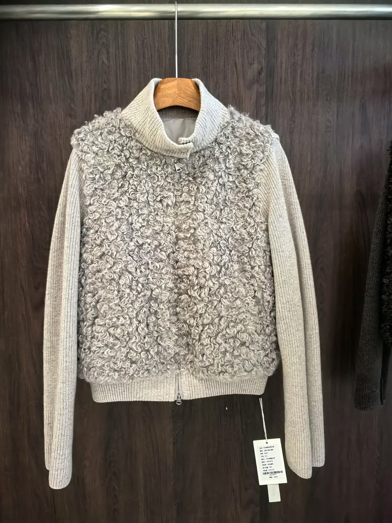 Mixed fabric knit and faux fur jacket, light grey — wholesale